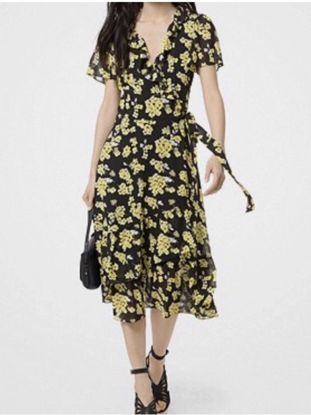 MICHAEL MICHAEL KORS Women's Ruffled Wrap Dress Black with yellow floral Size S